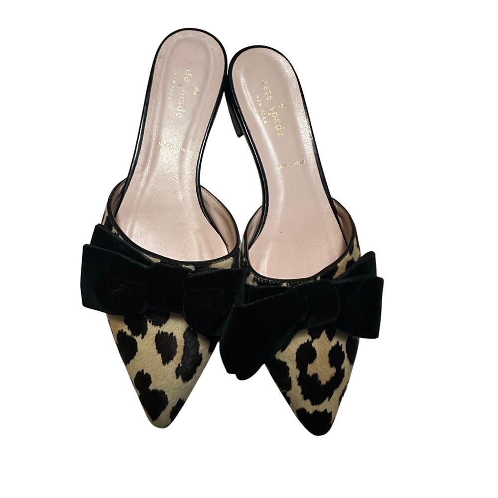 Kate Spade Belgrove Leopard Calf Hair Mules Bow Pointed Toe Slide Flats Size 7.5